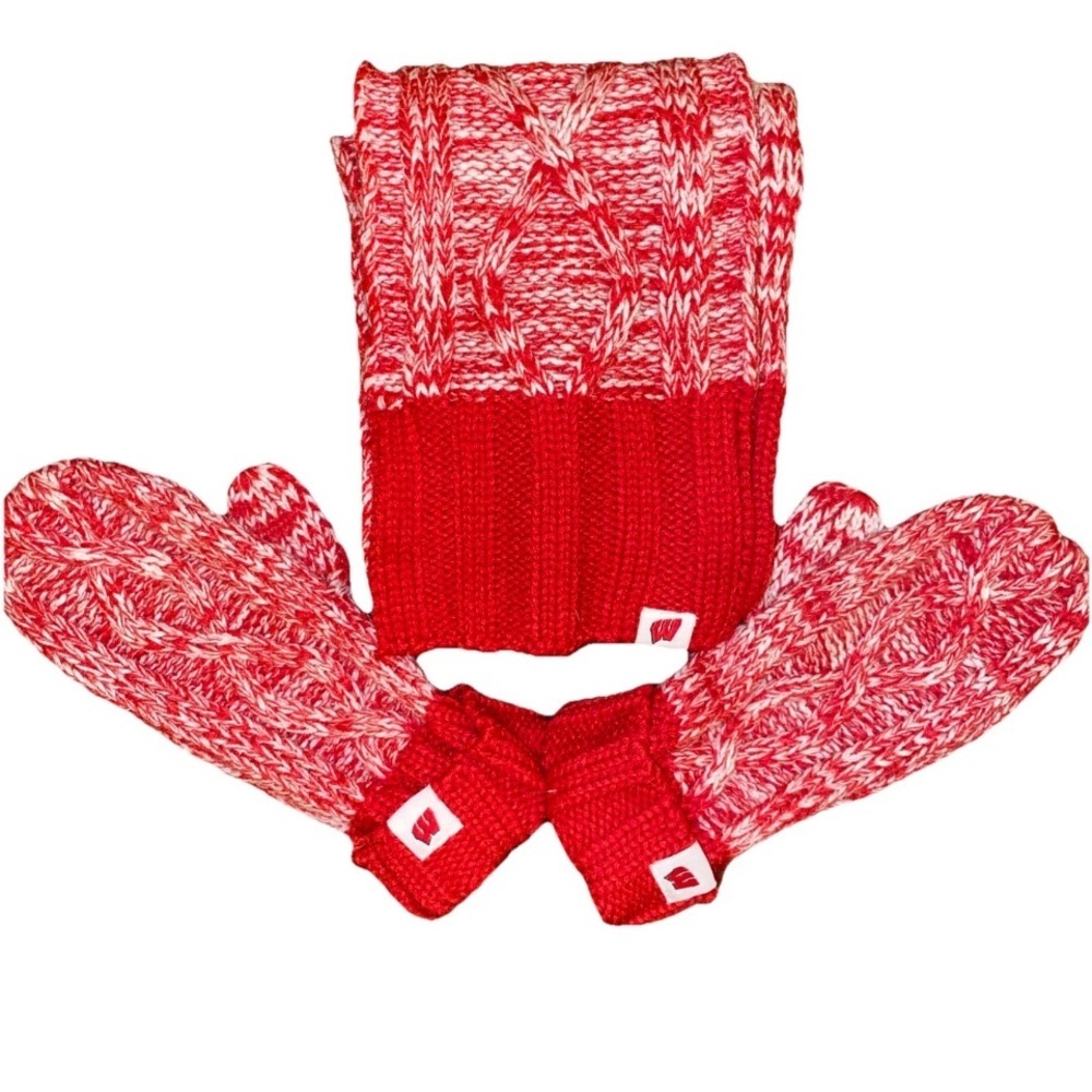 University of Wisconsin x Adidas Cable Knit Red White Mittens & Scarf Set Badger